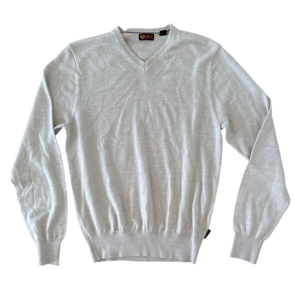 Izod Mens Light Gray V-Neck Sweater S Cozy Cotton-Blend Knit